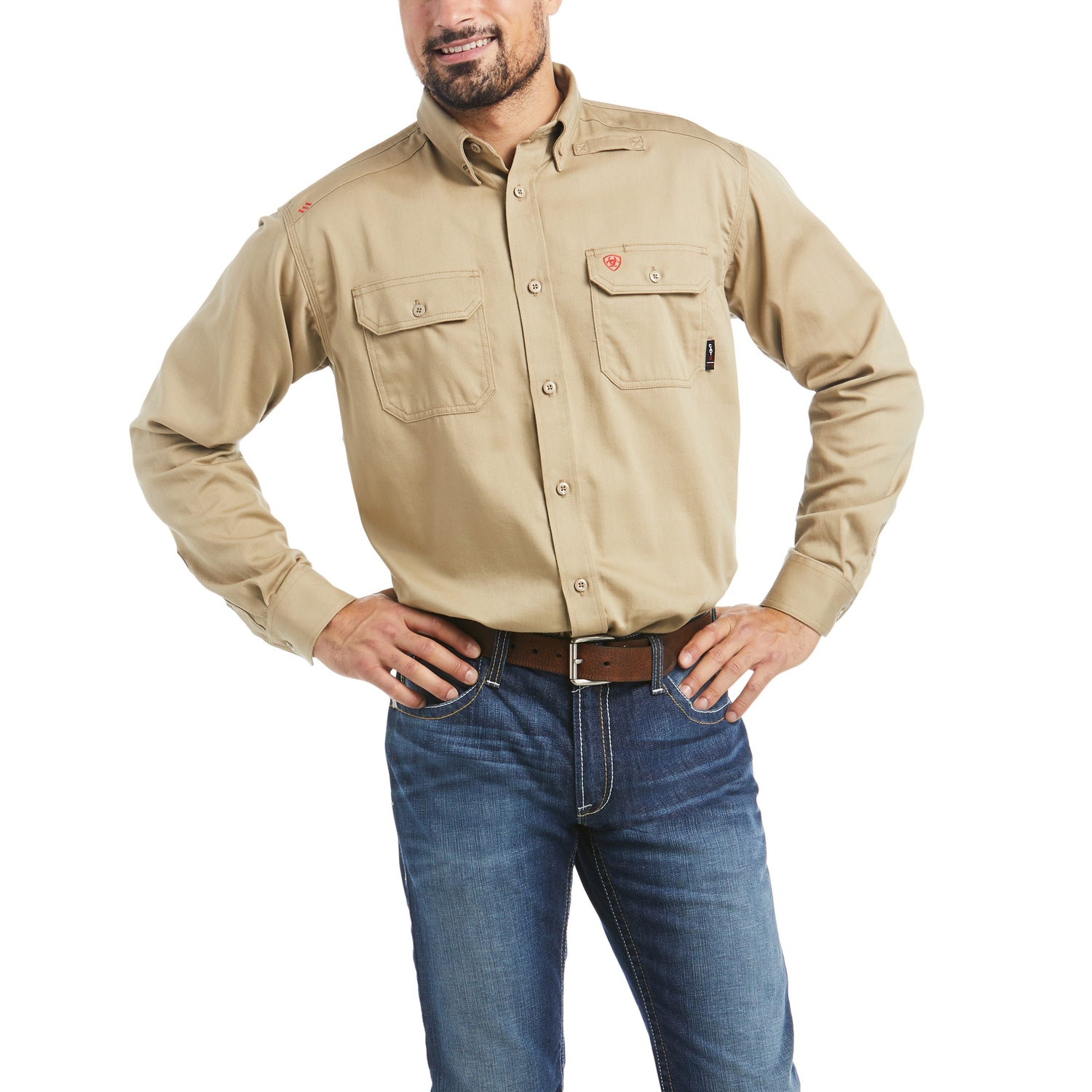 Ariat FR Solid Button Down Work Shirt in Khaki